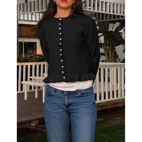 Alljoin Women Black Long Sleeve Solid Knit Cardigan Casual Crewneck Sweater - Picture 4 of 7